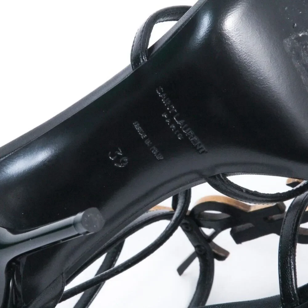 Saint Laurent Cassandra Sandals Black Leather Gold YSL Monogram Logo Heels 39